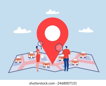 people search on location for Global business expansion,with Real estate business Franchise shop business SME Flat.business worldwide on world map across globe flat cartoon style.Vector