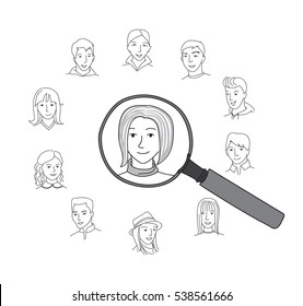 People search, selection, Business recruitment round concept, Many people faces and one selected with magnifying glass, thin line style vector