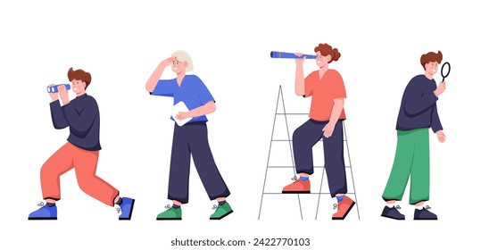 People search set. Boys and girls with telescope and binoculars, magnifying glass. Planning and vision of future. Characters looking for something. Cartoon flat vector collection