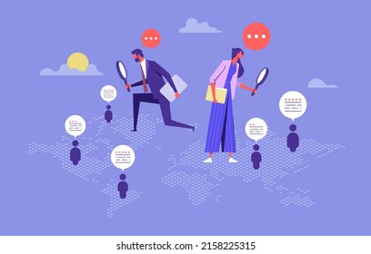 People search, talent selection, Business recruitment, hiring all around the world concept, Many people on world map and one selected, find the right people for business