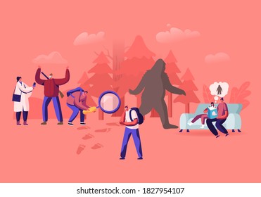 People Search Yeti, Abominable Snowman, Reading Fairy Tales about Bigfoot Character, Shaggy Beast Covered with Long Brown Hair Walking Upright through Forest, Eyewitness. Cartoon Vector Illustration