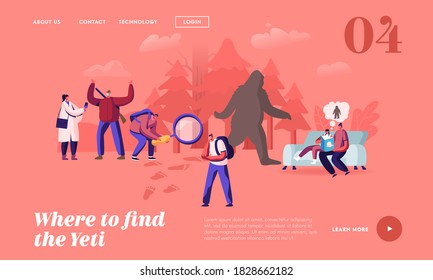People Search Yeti Landing Page Template. Reading Fairy Tales about Bigfoot Character, Shaggy Beast Covered with Long Brown Hair Walking Upright through Forest, Eyewitness. Cartoon Vector Illustration