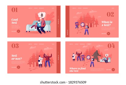 People Search Yeti Landing Page Template Set. Reading Fairy Tales about Bigfoot Character, Shaggy Beast Covered with Long Brown Hair Walking Upright through Forest. Cartoon Vector Illustration