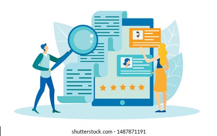 People Searching for Best Candidate, Applying for Job Flat Cartoon Vector Illustration. Checking Applicants Information with Big Magnifying Glass. Woman Looking at Profiles with Photos.