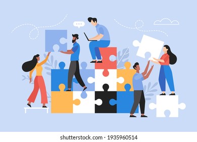 People searching for creative solutions. Teamwork business concept. Modern vector illustration of people connecting puzzle elements