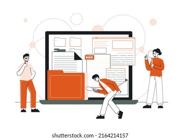 People searching data, looking for file documents concept. Exploring business files and documents, characters search vector illustration. Exploring, searching people