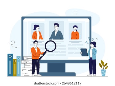 People searching for employee. Man with magnifying glass and woman near computer screen with candidate profiles. Hiring process, headhunting and recruiting. Linear vector illustration