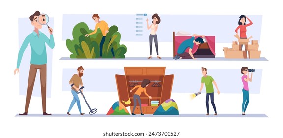 People searching. Environment exploration characters exact vector seeking people