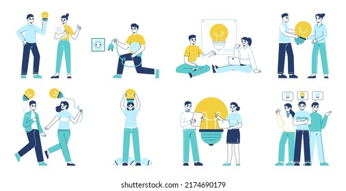 People searching good ideas, creative business solutions concept. Light bulbs brilliant ideas metaphor flat vector symbols illustration set. Great idea generating
