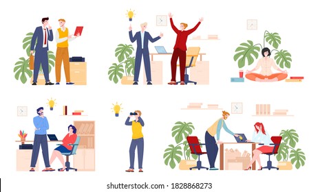 People searching ideas and solutions, vector flat illustration. Collection of cartoon man and woman in office creating new content. Generation of innovative product, creativity and imagination.