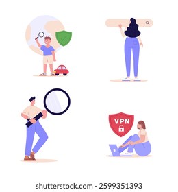 People searching information in internet vector set. Collection of concepts using browser with https protocol illustration. People search website address. Parental control, digital limit for children