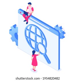 People are searching information in the internet. Web page with internet icon with magnifier and people. Vector illustration in isometric style. Isolated on white background.