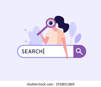 People searching information in internet. Woman looking through magnifying glass with search bar. Web search in internet, online surfing, SEO. Trendy vector illustration in flat design for web banners