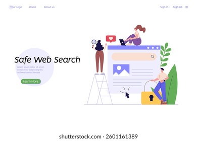 People searching information in internet. Woman looking in spyglass or telescope with search bar. Web search in internet, online surfing, SEO. Trendy vector illustration in flat design for web banners