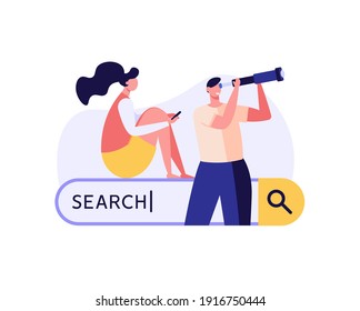 People searching information. Man looking in spyglass and woman looking through magnifying glass with search bar. Web search in internet, online surfing, SEO. Trendy vector illustration in flat design