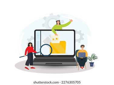 Personas que buscan información en el sitio web, haciendo preguntas, descargando archivos, poniendo documentos en la carpeta, almacenamiento de datos digitales, concepto de trabajo en equipo, trabajo en línea, ilustración vectorial plana