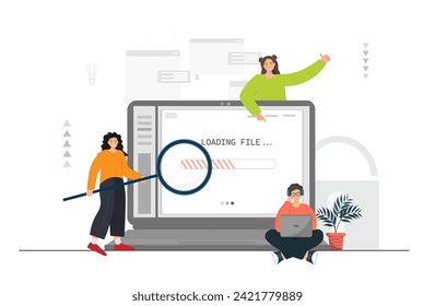 People searching information on the web site at the laptop, downloading files to the computer, surfing internet, freelance work concept, online learning concept, flat vector illustration