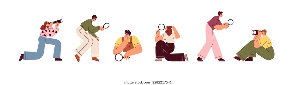 People searching with magnifying glass, binoculars. Curious characters looking through loupe lens. Find information, research concept. Flat graphic vector illustration isolated on white background