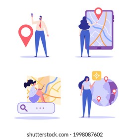 People searching and marking a place on the map. Concept of geolocation, gps navigation, online map, gps pin, correct way. Vector illustration in flat design for mobile app, ui, web banner