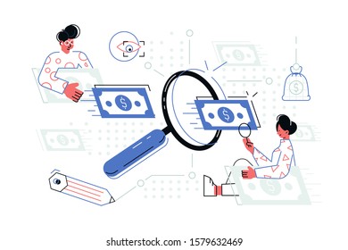 People searching money vector illustration. Cartoon man and woman with magnifier looking for banknotes signs flat style concept. Water marks and protection levels of greenbacks