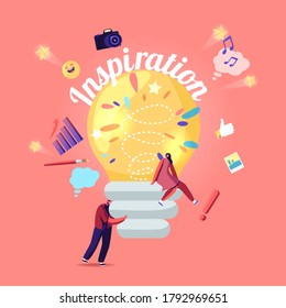 People Searching New Insights for Project Development, Inspiration, Creative Idea Concept. Tiny Characters around Huge Illuminated Light Bulb, Woman Sitting on Lamp. Cartoon Vector Illustration