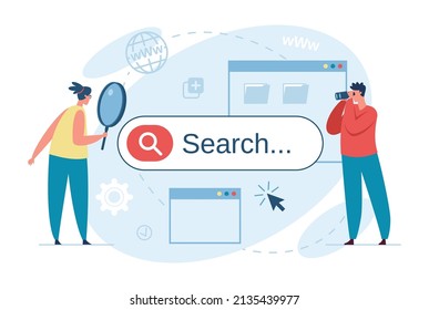 People searching on internet, characters using search bar. Man with binoculars look for answer, business research, seo vector concept. Woman holding magnifying glass and doing analysis