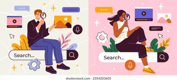 People searching online set. Characters with magnifying glass exploring internet and apps. Young man and woman with buttons websites and search string. Cartoon flat vector isolated on background