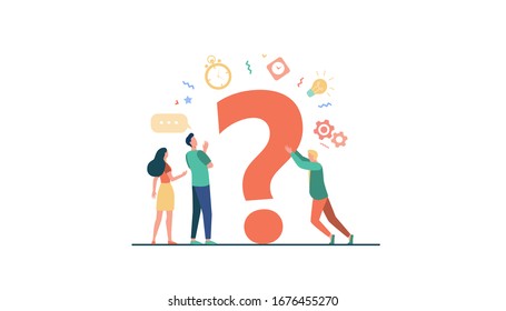 People searching solutions and asking for help. Men and women discussing huge question mark. Vector illustration for communication, assistance, consulting concept