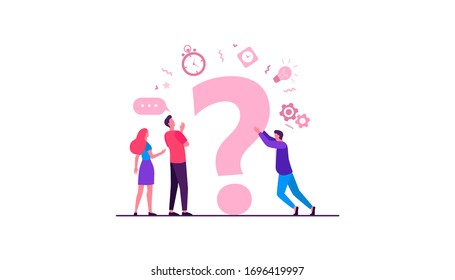 People searching solutions and asking for help. Men and women discussing huge question mark. Vector illustration for communication, assistance, consulting concept