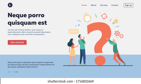 Gente buscando soluciones y pidiendo ayuda. Hombres y mujeres discutiendo un gran signo de interrogación. Ilustración vectorial de comunicación, asistencia, consultoría