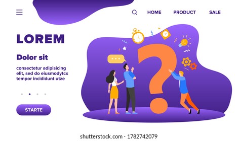 People searching solutions and asking for help. Men and women discussing huge question mark. Vector illustration for communication, assistance, consulting concept