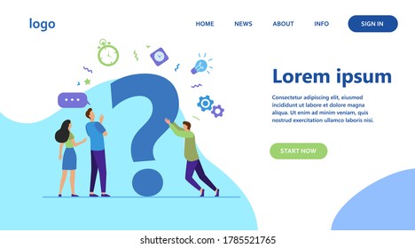 Personas buscando soluciones y pidiendo ayuda. Hombres y mujeres discutiendo un gran signo de interrogación. Ilustración vectorial para comunicación, asistencia, concepto de consultoría