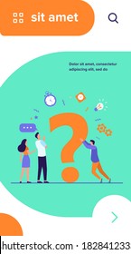 Personas buscando soluciones y pidiendo ayuda. Hombres y mujeres discutiendo un gran signo de interrogación. Ilustración vectorial para comunicación, asistencia, concepto de consultoría