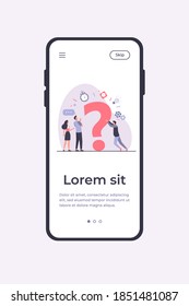 People searching solutions and asking for help. Men and women discussing huge question mark. Vector illustration for communication, assistance, consulting concept