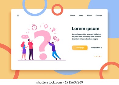 People searching solutions and asking for help. Men and women discussing huge question mark. Vector illustration for communication, assistance, consulting concept