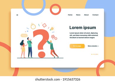 People searching solutions and asking for help. Men and women discussing huge question mark. Vector illustration for communication, assistance, consulting concept