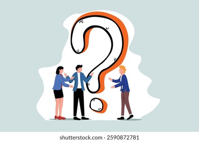 People searching solutions and asking for help. Men and women discussing huge question mark. Vector illustration for communication, assistance, consulting concept.