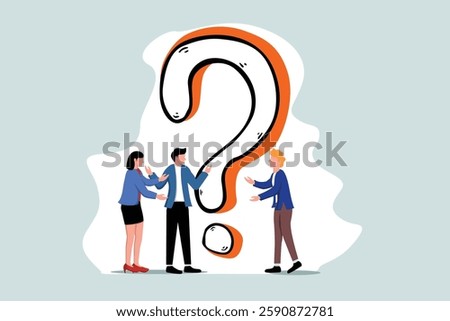 People searching solutions and asking for help. Men and women discussing huge question mark. Vector illustration for communication, assistance, consulting concept.