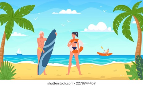 People at the seaside resort. Man standing with surfing board, woman holding rubber ring. Couple spending active time on vacation. Tourist relaxing on seaside coast. Summer rest vector