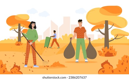 People with seasonal cleaning concept. Man and woman with black bags and rakes. Fall autumn season. Citizens in urban park. Care about ecology and nature. Cartoon flat vector illustration