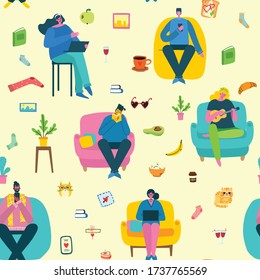 People seat at sofa, jump, work, celebrate, play, do sport, read at home. Seamless pattern, people activity at home. 