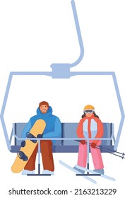 Personen mit Sitzplätzen auf Standseilbahn mit Wintersportausrüstung einzeln auf weißem Hintergrund