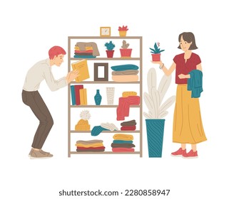 People in second hand shop or flea market, flat vector illustration isolated on white background. Second hand store with people choosing books and home decor.