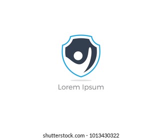 People Security logo design. Kids and family insurance vector icon. Care and protection illustration. People in shield, guard, safety.
