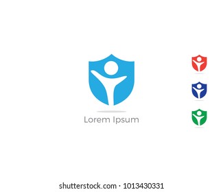 People Security logo design. Kids and family insurance vector icon. Care and protection illustration. People in shield, guard, safety.