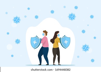 People with security shield and wearing medical face masks protection from coronavirus. Man and woman fighting Coronavirus cells. Concept of vaccine and stop COVID-19 pandemic. Vector illustration.