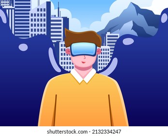 People See Virtual World in Metaverse With Wear Virtual Reality Headset. Virtual Reality Experience. Can be use for web, landing page, social media, presentation, etc. 