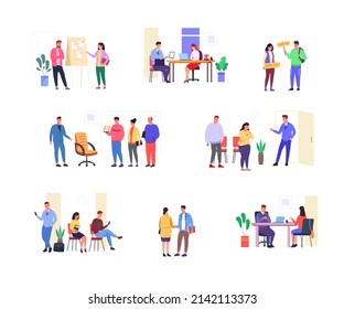 People seeking employment. Ceo with job seeker talking professional hr interview, recruitment hiring process employee conversation hunting office recruiter queue, vector illustraton of employment job