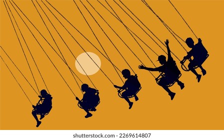 People are seen riding on the midway at a fair in a vector illustration 