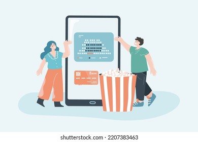 People selecting movie theater seats online. Man and woman paying for tickets via mobile application. Entertainment, cinema, media, cyberspace concept for banner, website design or landing web page